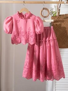 SHEIN Tween女孩 2件組兒童粉色夏季可愛Katseye度假假期韓版時尚短袖森系上衣，生日搭配款 - 玫紅色 - 查看 3