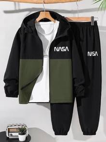 SHEIN Kids 2pcs Tween Boy Casual Sports Pattern Colorblock Hoodie Jacket & Pants Set, Suitable For , School, Daily Casual, Vacation, Sports, Autumn/Winter - Army Green - View 8