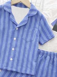 小男孩條紋短袖單排扣上衣與短褲家居服 - 藍色 - 查看 4
