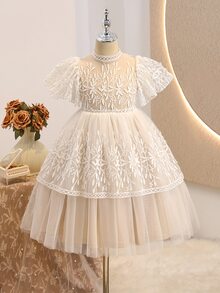 Young Girls Solid Color Short Sleeve Ruffle Collar Apricot Summer Traditional Baby Shower Dress Champagne Cream Ivory Beige - Apricot - View 8