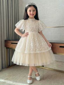 Young Girls Solid Color Short Sleeve Ruffle Collar Apricot Summer Traditional Baby Shower Dress Champagne Cream Ivory Beige - Apricot - View 3