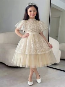 Young Girls Solid Color Short Sleeve Ruffle Collar Apricot Summer Traditional Baby Shower Dress Champagne Cream Ivory Beige - Apricot - View 1