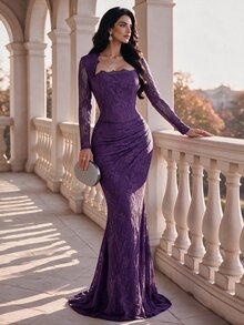 Coutiva 女款蕾絲抓皺長袖魚尾晚禮服洋裝 - 紫色 - 查看 1