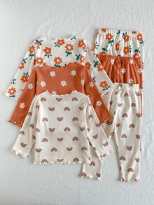 SHEIN 6件組幼兒女嬰可愛奶油色花卉長袖圓領正裝版型荷葉邊舒適秋季公主風女童休閒冬日假期套裝 - 棕色 - 查看 2