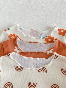 SHEIN 6件組幼兒女嬰可愛奶油色花卉長袖圓領正裝版型荷葉邊舒適秋季公主風女童休閒冬日假期套裝 - 棕色 - 查看 7