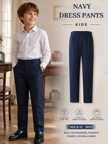 Boys' Navy Blue Single Pleat Straight Leg Dress Pants, Elastic Waist, Formal Trousers For School, Ceremony, Wedding, Party - Navy Blue - View 1
