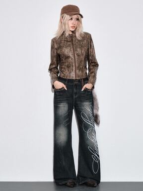Y2K Jeans a zampa di donna vintage street style lavati con effetto consumato e borchie, vita bassa e vestibilità ampia