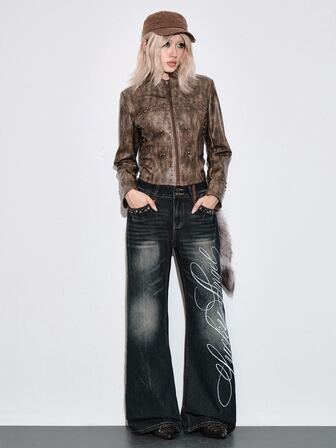 Y2K Jeans acampanados de cintura baja sueltos para mujer con diseño vintage estilo callejero lavado desgastado y tachuelas