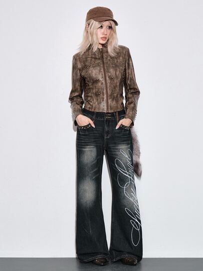 Y2K Jeans acampanados de cintura baja sueltos para mujer con diseño vintage estilo callejero lavado desgastado y tachuelas