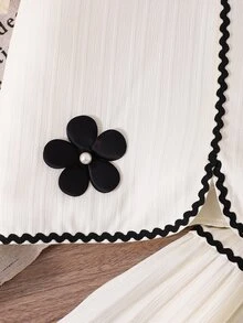 SHEIN Tween Girls 2pcs/Set Black And White Summer Tea Party Outfit,Textured Puff Sleeve Shirt And Cami Dress,Elegant Floral Design For Vacation Travel - Apricot - View 7