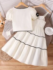 SHEIN Tween Girls 2pcs/Set Black And White Summer Tea Party Outfit,Textured Puff Sleeve Shirt And Cami Dress,Elegant Floral Design For Vacation Travel - Apricot - View 3