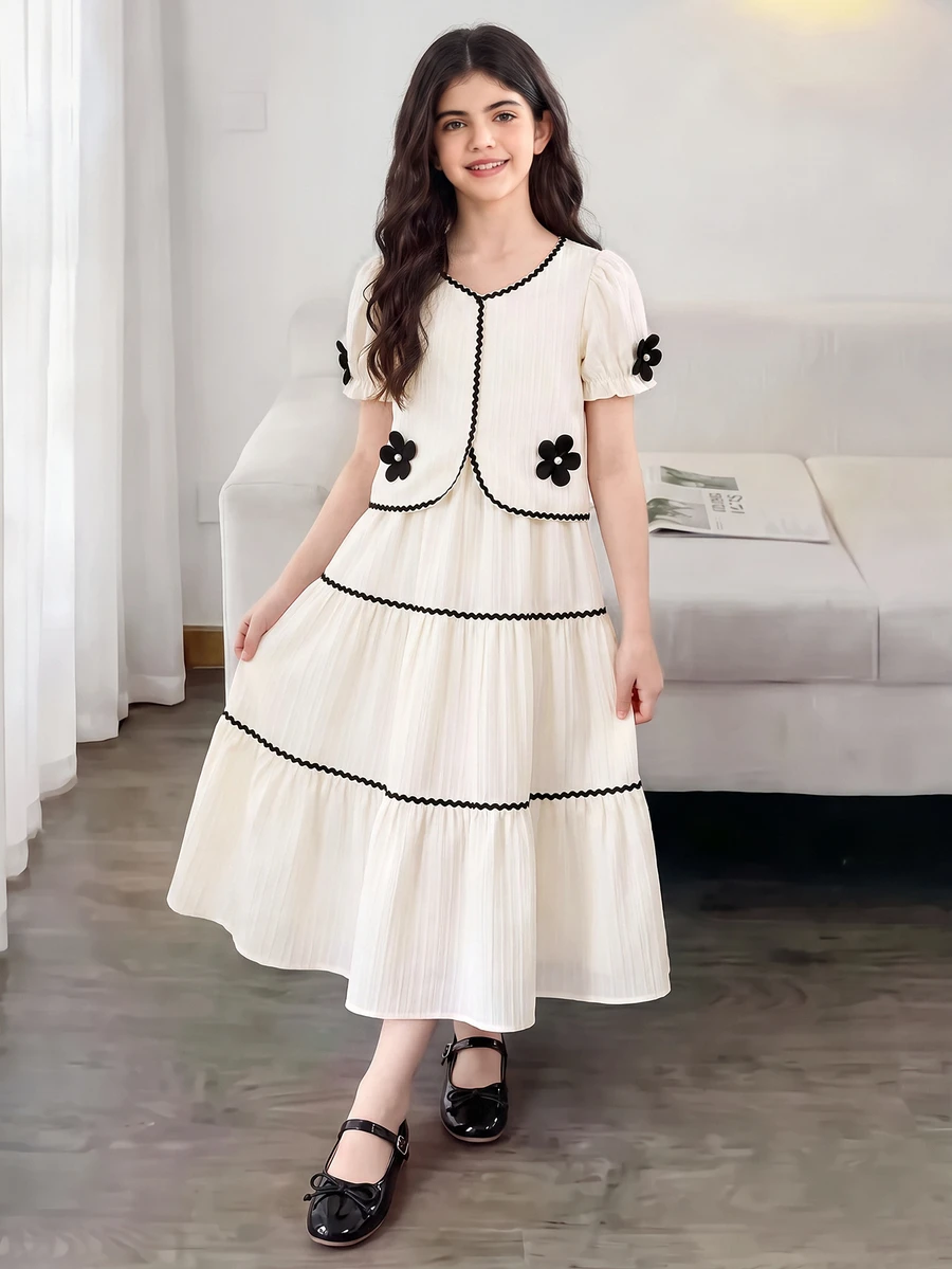 SHEIN Tween Girls 2pcs/Set Black And White Summer Tea Party Outfit,Textured Puff Sleeve Shirt And Cami Dress,Elegant Floral Design For Vacation Travel