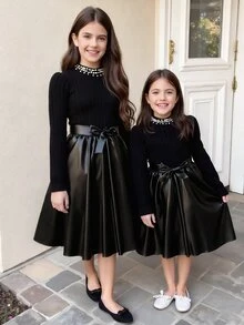 SHEIN Tween Girl Fall Dresses Fall PU Leather Patchwork Dress Pearl Beaded Mock Neck Bow Belted Long Sleeve Rib Knit Flare Skirt Party Outfits - Black - View 1