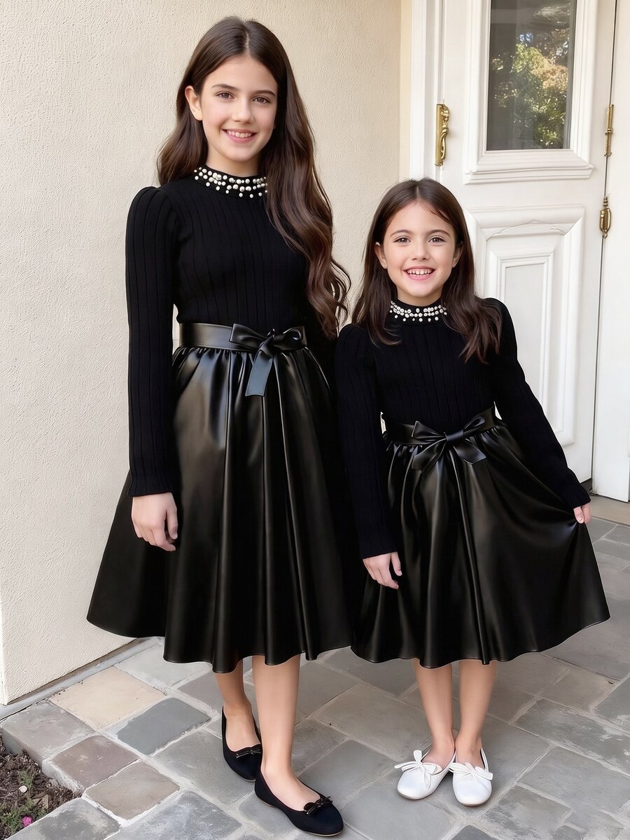 SHEIN Tween Girl Fall Dresses Fall PU Leather Patchwork Dress Pearl Beaded Mock Neck Bow Belted Long Sleeve Rib Knit Flare Skirt Party Outfits - Black - View 1