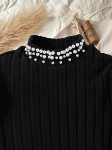 SHEIN Tween Girl Fall Dresses Fall PU Leather Patchwork Dress Pearl Beaded Mock Neck Bow Belted Long Sleeve Rib Knit Flare Skirt Party Outfits - Black - View 5