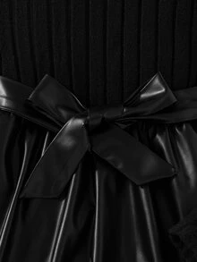 SHEIN Tween Girl Fall Dresses Fall PU Leather Patchwork Dress Pearl Beaded Mock Neck Bow Belted Long Sleeve Rib Knit Flare Skirt Party Outfits - Black - View 6