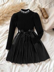 SHEIN Tween Girl Fall Dresses Fall PU Leather Patchwork Dress Pearl Beaded Mock Neck Bow Belted Long Sleeve Rib Knit Flare Skirt Party Outfits - Black - View 7