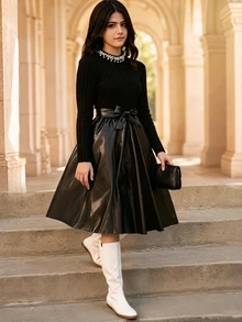SHEIN Tween Girl Fall Dresses Fall PU Leather Patchwork Dress Pearl Beaded Mock Neck Bow Belted Long Sleeve Rib Knit Flare Skirt Party Outfits - Black - View 4