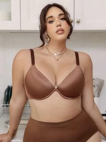 LustreForm 1pc Plus Size Solid Color Underwire Bra For Women - Coffee Brown - View 3