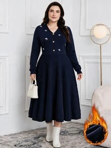 Modelyn Plus Size Women's V-Neck Casual Daily Knit Dress - Navy Blue - View 1
