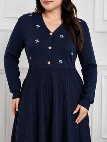 Modelyn Plus Size Women's V-Neck Casual Daily Knit Dress - Navy Blue - View 7