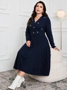 Modelyn Plus Size Women's V-Neck Casual Daily Knit Dress - Navy Blue - View 4