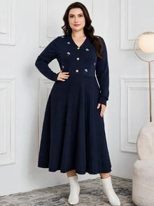 Modelyn Plus Size Women's V-Neck Casual Daily Knit Dress - Navy Blue - View 6
