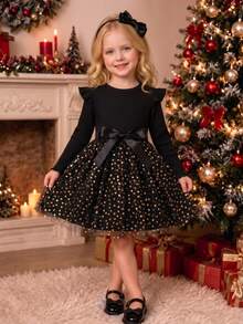 SHEIN Young Girl Ruffle Trim Contrast Star Mesh Hem Belted Dress - Black - View 8