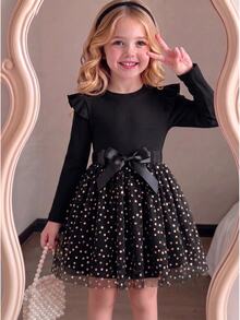 SHEIN Young Girl Ruffle Trim Contrast Star Mesh Hem Belted Dress - Black - View 3