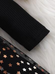 SHEIN Young Girl Ruffle Trim Contrast Star Mesh Hem Belted Dress - Black - View 5
