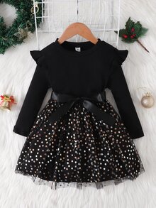 SHEIN Young Girl Ruffle Trim Contrast Star Mesh Hem Belted Dress - Black - View 1