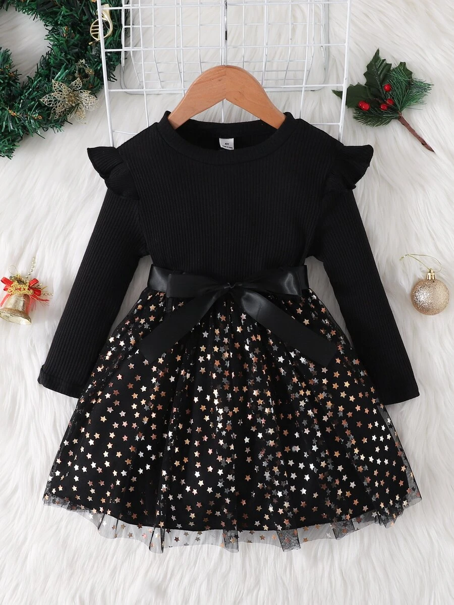 SHEIN Young Girl Ruffle Trim Contrast Star Mesh Hem Belted Dress - Black - View 1