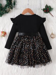 SHEIN Young Girl Ruffle Trim Contrast Star Mesh Hem Belted Dress - Black - View 2