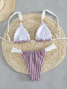 Swim Vcay Women's Spring/Summer Striped Jacquard Fabric Color Block Metallic Accessories Wide Strap Thong Bikini Set - Cute Casual Beach Style - Multicolor - View 3