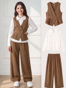 SHEIN Tween Girls Fall Outfits 3pcs/Set Spring/Autumn Casual Western 80s Minimalist Deep V-Neck Sleeveless Belted Jacket Long Sleeve White Shirt Brown - Brown - View 2