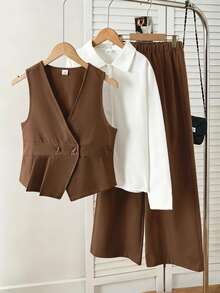 SHEIN Tween Girls Fall Outfits 3pcs/Set Spring/Autumn Casual Western 80s Minimalist Deep V-Neck Sleeveless Belted Jacket Long Sleeve White Shirt Brown - Brown - View 6