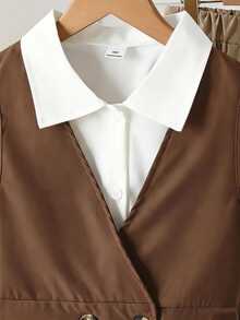SHEIN Tween Girls Fall Outfits 3pcs/Set Spring/Autumn Casual Western 80s Minimalist Deep V-Neck Sleeveless Belted Jacket Long Sleeve White Shirt Brown - Brown - View 7