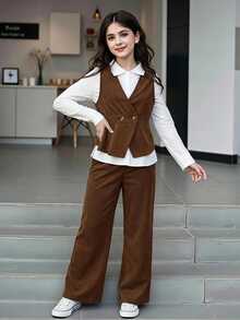 SHEIN Tween Girls Fall Outfits 3pcs/Set Spring/Autumn Casual Western 80s Minimalist Deep V-Neck Sleeveless Belted Jacket Long Sleeve White Shirt Brown - Brown - View 9