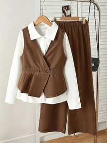 SHEIN Tween Girls Fall Outfits 3pcs/Set Spring/Autumn Casual Western 80s Minimalist Deep V-Neck Sleeveless Belted Jacket Long Sleeve White Shirt Brown - Brown - View 5