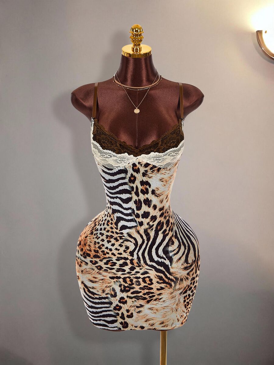 Amplova Lace Patchwork Sleeveless Bodycon Mini Dress With Leopard Print And Polka Dot Patchwork, Adjustable Shoulder Straps, Y2K Boho Vintage Campus Daily Autumn/Winter Outfit For Women - Brown - View 1
