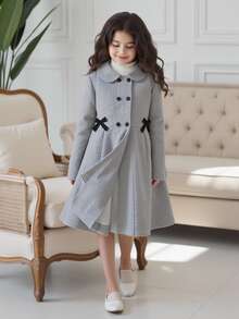 SHEIN Tween Girl 淺灰色長版雙排扣蝴蝶結裝飾大衣，長袖，抓絨，秋季服飾，假日，秋天，旅行，學校，職業，可愛日系風 - 灰色 - 查看 9