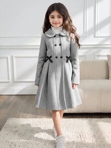 SHEIN Tween Girl 淺灰色長版雙排扣蝴蝶結裝飾大衣，長袖，抓絨，秋季服飾，假日，秋天，旅行，學校，職業，可愛日系風 - 灰色 - 查看 1