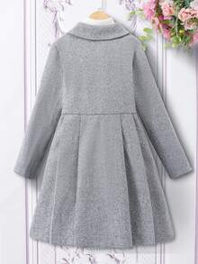SHEIN Tween Girl 淺灰色長版雙排扣蝴蝶結裝飾大衣，長袖，抓絨，秋季服飾，假日，秋天，旅行，學校，職業，可愛日系風 - 灰色 - 查看 2