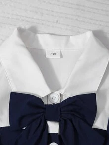 SHEIN 青少年女孩襯衫領拼接格紋學院風泡泡長袖上衣搭配鬆緊腰百褶裙，春秋海軍藍可愛校園套裝 - 藍色 - 查看 4