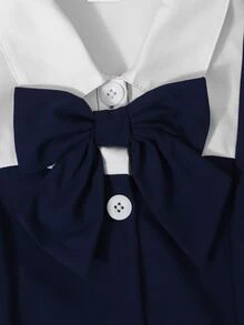 SHEIN 青少年女孩襯衫領拼接格紋學院風泡泡長袖上衣搭配鬆緊腰百褶裙，春秋海軍藍可愛校園套裝 - 藍色 - 查看 5