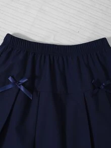 SHEIN 青少年女孩襯衫領拼接格紋學院風泡泡長袖上衣搭配鬆緊腰百褶裙，春秋海軍藍可愛校園套裝 - 藍色 - 查看 7