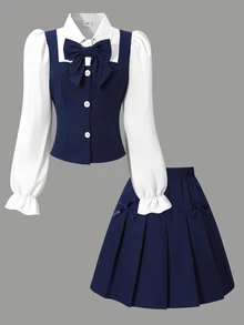 SHEIN 青少年女孩襯衫領拼接格紋學院風泡泡長袖上衣搭配鬆緊腰百褶裙，春秋海軍藍可愛校園套裝 - 藍色 - 查看 3