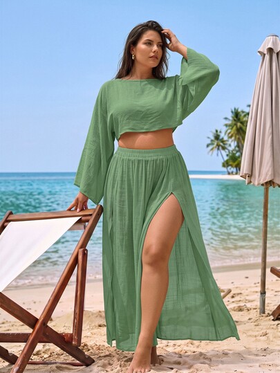 SHEIN Swim 2026 Setelan Penutup Pakaian Renang Wanita Ukuran Plus Terbaru Warna Putih Lengan Lurus Belahan Elegan Kasual untuk Liburan Pantai 2 Potong