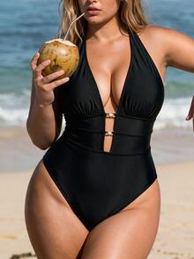 Swim Vcay Plus Size One-Piece Swimsuit, Solid Color Hollow Halter Tie Strap, European And American Resort Series - Black - View 2