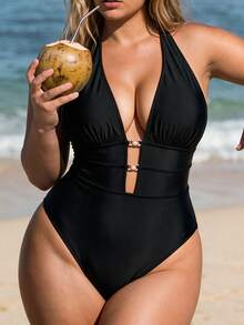 Swim Vcay Plus Size One-Piece Swimsuit, Solid Color Hollow Halter Tie Strap, European And American Resort Series - Black - View 3